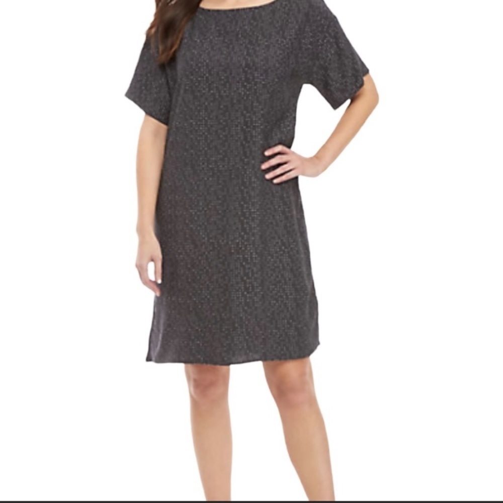 Eileen Fisher Morse Code Graphite Short Sleeve Shift Dress size Medium